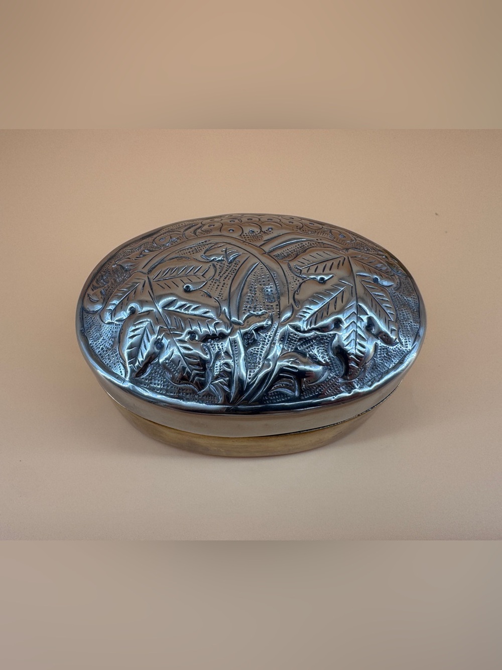 Silverplated Oval Repousse Jewelry Trinket Box
